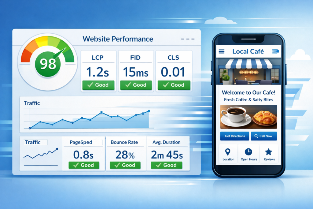 Website performance dashboard showing a 98 score with LCP, FID, CLS, and traffic metrics beside a smartphone displaying a Local Café mobile page.