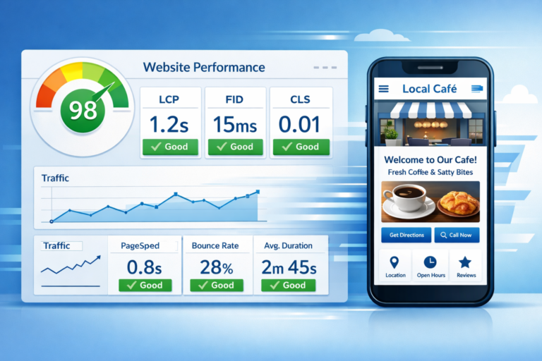 Website performance dashboard showing a 98 score with LCP, FID, CLS, and traffic metrics beside a smartphone displaying a Local Café mobile page.