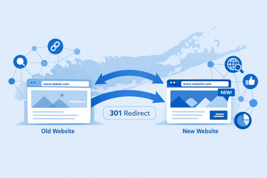 Blue illustration showing a 301 redirect with curved arrows linking an old website browser window to a new website window labeled "NEW!