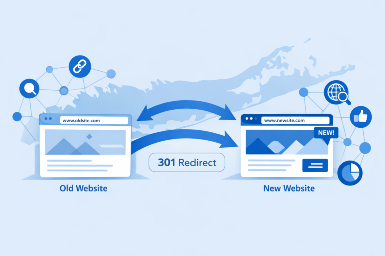 Blue illustration showing a 301 redirect with curved arrows linking an old website browser window to a new website window labeled "NEW!