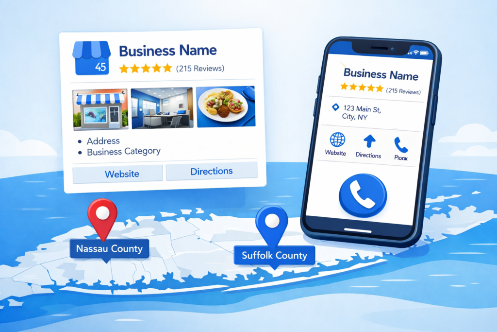 Illustration of a Google Business Profile listing and smartphone with call button, plus Nassau County and Suffolk County map pins.