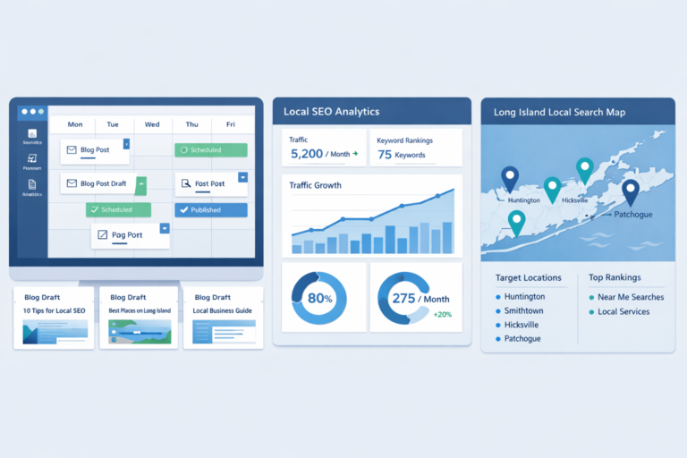 A local SEO analytics dashboard showing a content calendar, traffic charts, and a Long Island map with location pins.