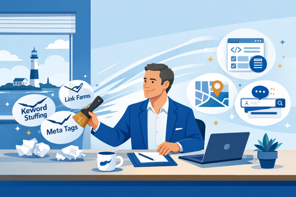 Illustration of a businessman at a desk with a laptop sweeping away crumpled "keyword stuffing," "link farms," and "meta tags" myth bubbles toward modern SEO ic