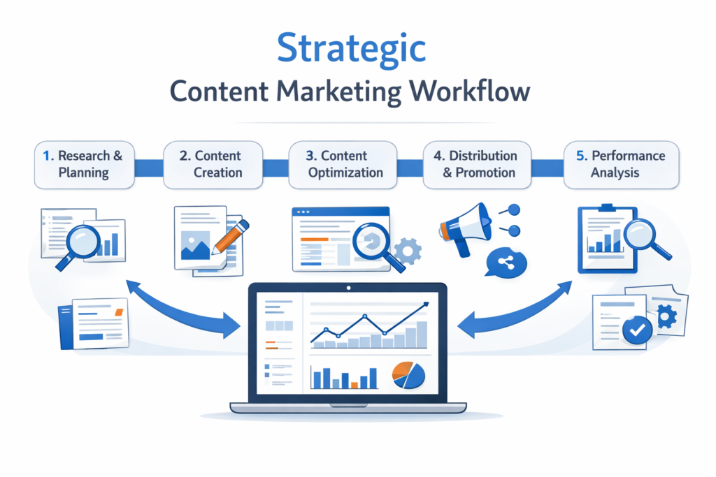 Blue infographic diagram of a Strategic Content Marketing Workflow with 5 numbered steps, icons, and a central laptop showing charts.
