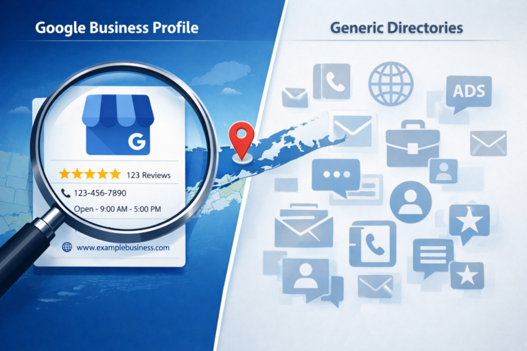 Magnifying glass enlarging a Google Business Profile card with star reviews beside scattered generic directory and ad icons over a blue map.