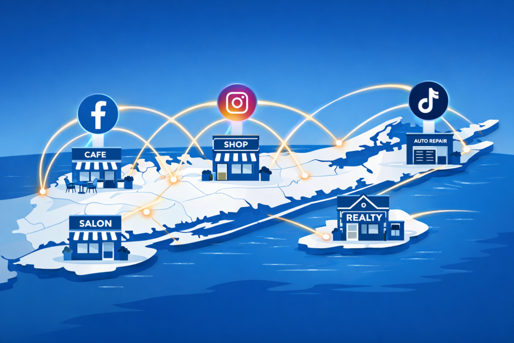 Illustrated map of Long Island with cafe, shop, salon, auto repair, and realty storefronts linked by glowing arcs to Facebook, Instagram, and TikTok icons.
