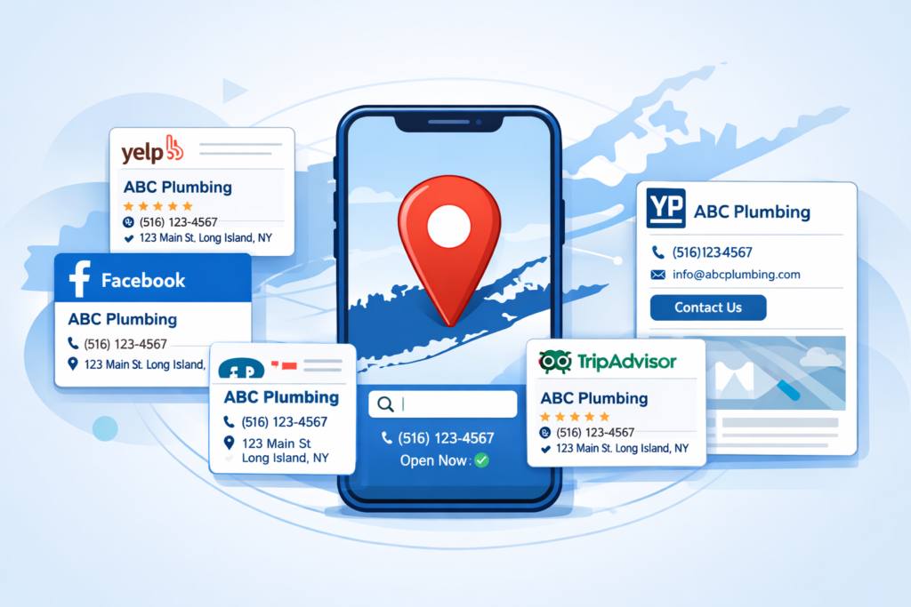 Smartphone with a red map pin surrounded by ABC Plumbing listing cards on Yelp, Facebook, YP, and TripAdvisor showing matching name, address, and phone.