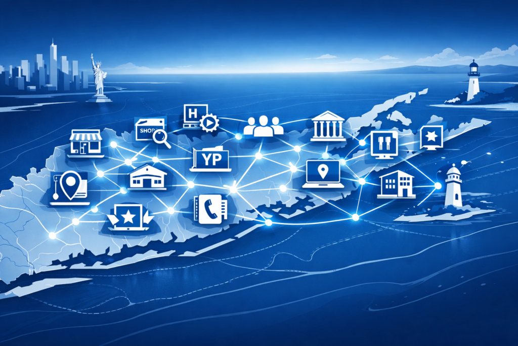 Blue 3D map of Long Island with glowing network lines connecting local business, hospital, bank, laptop and lighthouse icons near a city skyline.