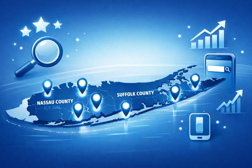 Blue digital map of Long Island's Nassau and Suffolk counties with location pins, a magnifying glass, star ratings, growth charts, and smartphones.