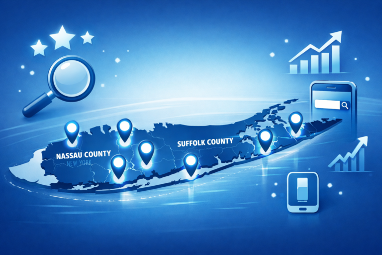 Blue digital map of Long Island's Nassau and Suffolk counties with location pins, a magnifying glass, star ratings, growth charts, and smartphones.