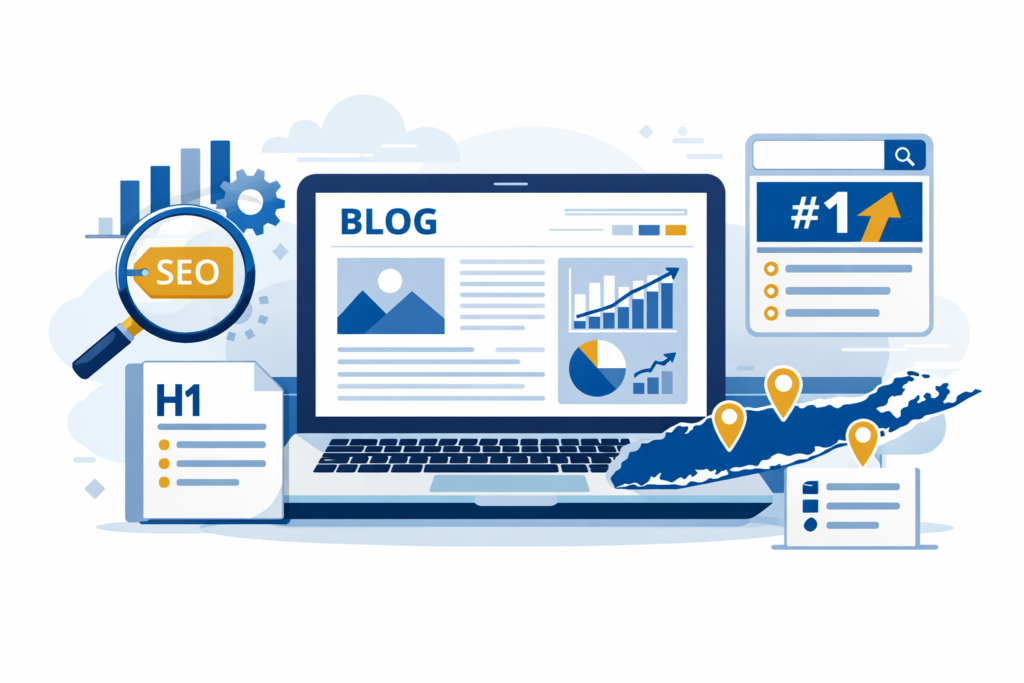 Laptop displaying a blog post with charts beside a magnifying glass, SEO icon, search bar ranked #1, and a map with location pins.