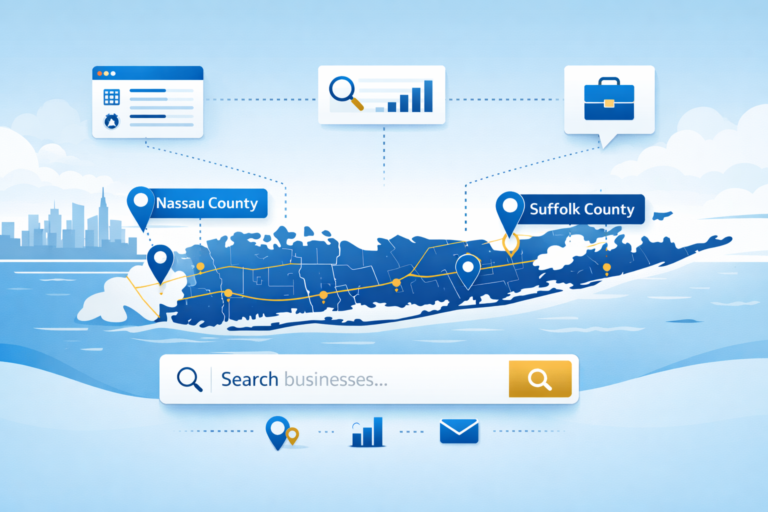 Illustrated map of Long Island with Nassau and Suffolk County map pins, a search bar, and floating business, chart, and email icons.