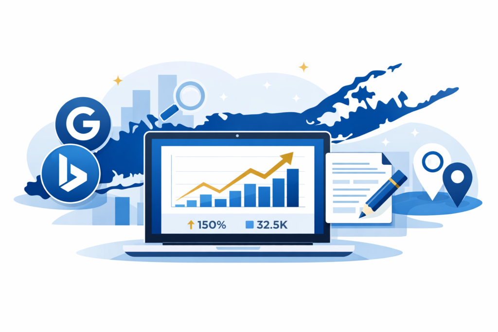 Laptop displaying a rising SEO bar chart with upward arrow, surrounded by Google, Bing, magnifier, pencil, and location pin icons.