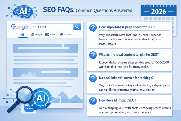 Blue infographic titled "SEO FAQs: Common Questions Answered" with a Google search bar, magnifying glass, AI icons, and four SEO question-and-answer cards.