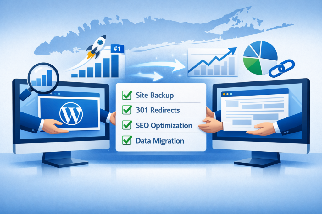 Two monitors showing a WordPress logo and a checklist of Site Backup, 301 Redirects, SEO Optimization, and Data Migration with growth charts.