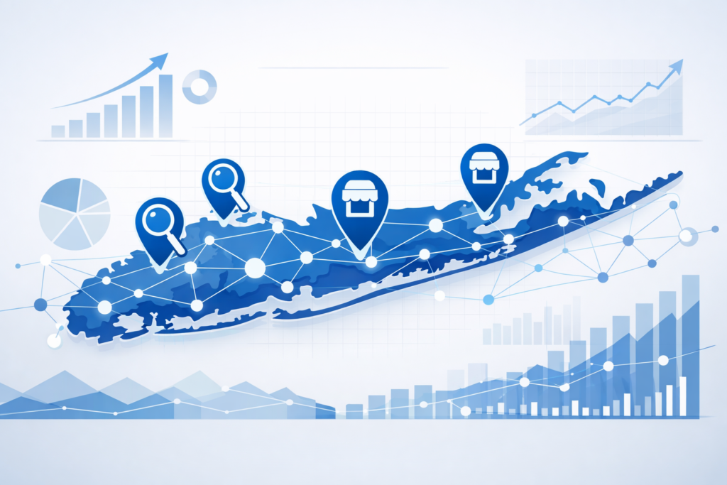 Blue map of an elongated region with storefront and search location pins, surrounded by bar graphs, line charts, and pie charts on a connected-dot network backg