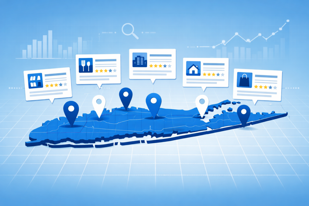 Blue 3D map dotted with location pins and business listing cards showing star ratings, set against a rising graph and search-bar icons.