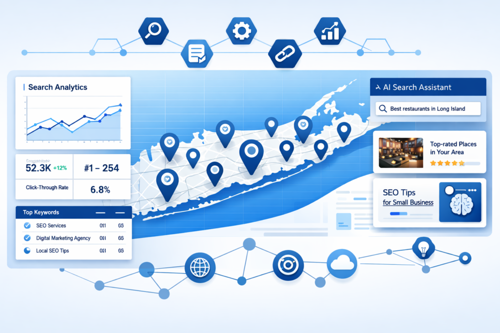 Blue SEO dashboard showing a search analytics graph, location pins on a Long Island map, top keywords list, and an AI search assistant panel.