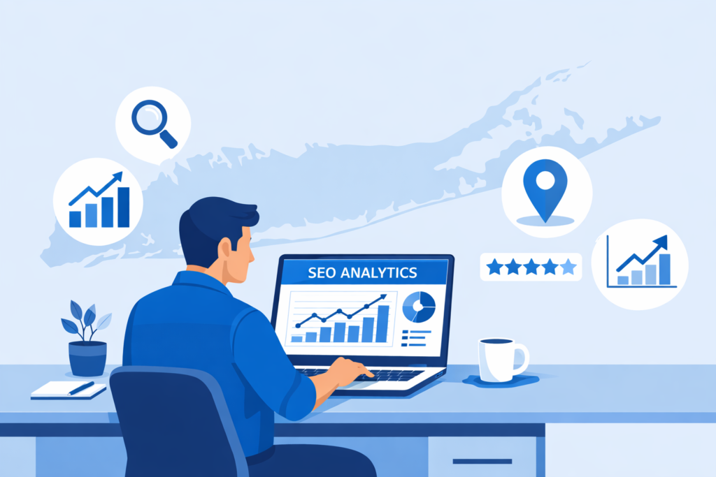 Man at a desk using a laptop showing an SEO analytics dashboard, surrounded by icons for search, charts, ratings, and location.