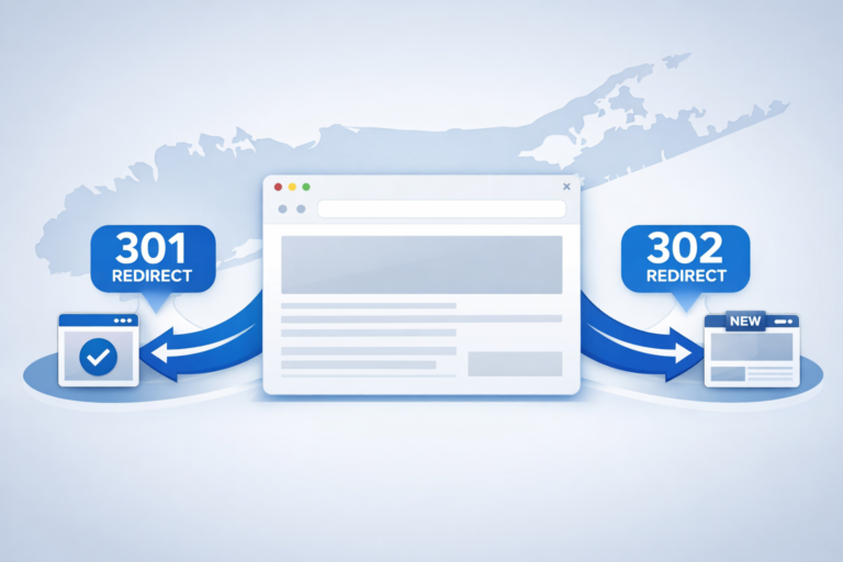 Diagram of a browser window with blue 301 and 302 redirect labels curving via arrows to a checkmark icon and a "new" page icon.