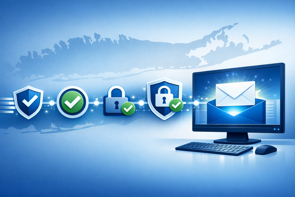 Desktop computer displaying a glowing email envelope beside a row of blue security shields, padlocks, and green checkmark icons.