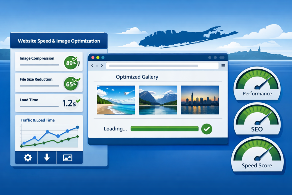 Browser window showing a Website Speed & Image Optimization dashboard with compression stats, an optimized photo gallery, line graphs, and Performance, SEO, and