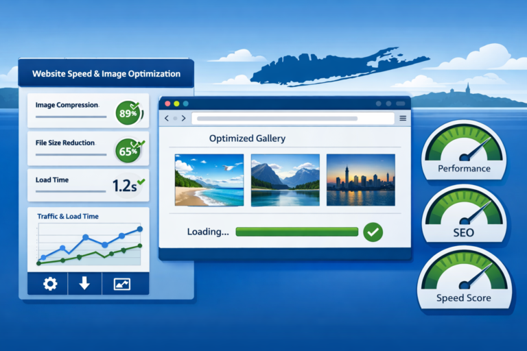 Browser window showing a Website Speed & Image Optimization dashboard with compression stats, an optimized photo gallery, line graphs, and Performance, SEO, and