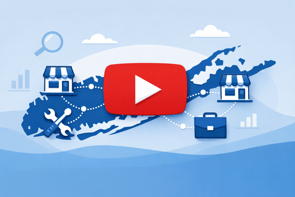 Red YouTube play button over a blue Long Island map linking local storefronts, tools, and a briefcase with bar-chart icons.