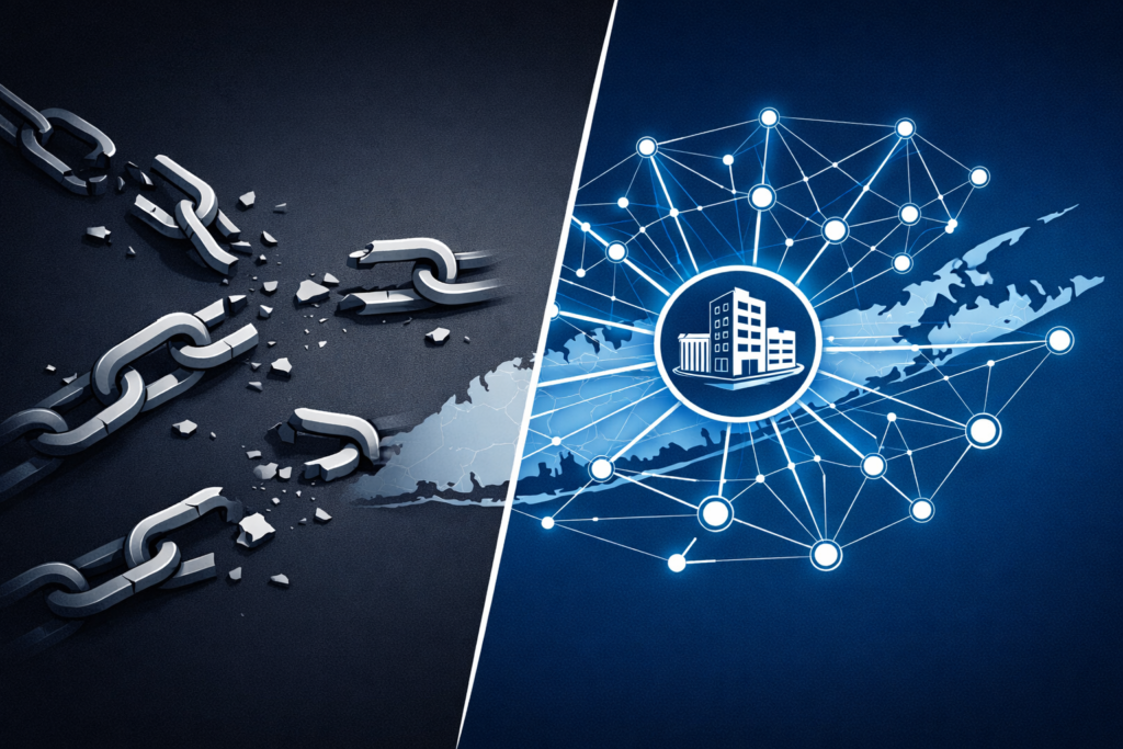 Split image showing a broken metal chain on the left and a glowing blue digital network linking a building icon on the right.