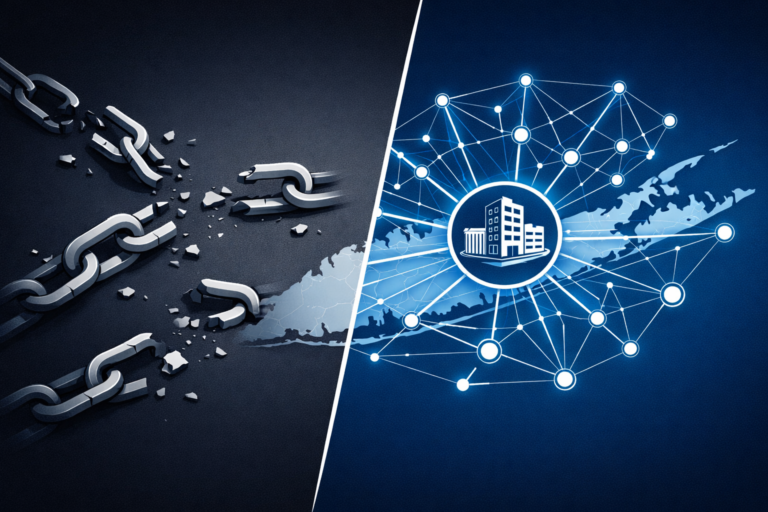 Split image showing a broken metal chain on the left and a glowing blue digital network linking a building icon on the right.