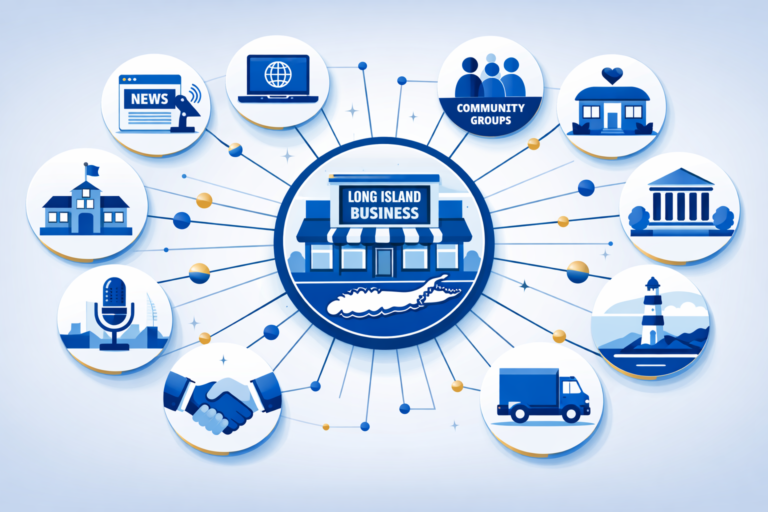 Blue network diagram with a central "Long Island Business" storefront icon linked to circles for news, laptop, community groups, bank, lighthouse, truck, handsh