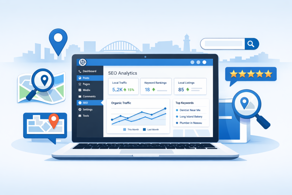 Laptop showing an SEO analytics dashboard with traffic graphs, keyword rankings, and a 5-star review, surrounded by map pins, magnifying glasses, and a search b