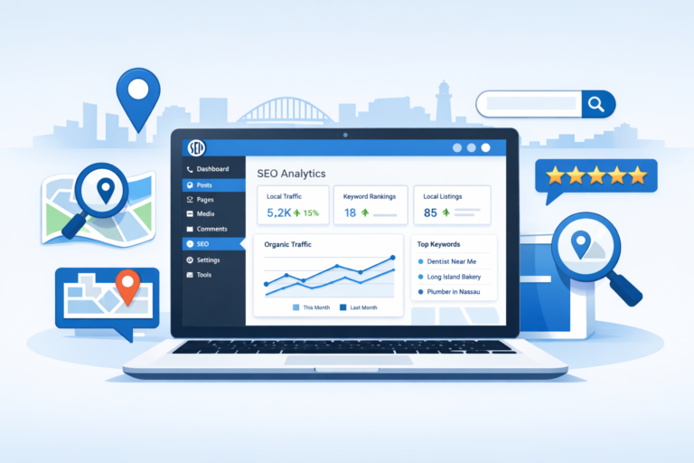 Laptop showing an SEO analytics dashboard with traffic graphs, keyword rankings, and a 5-star review, surrounded by map pins, magnifying glasses, and a search b