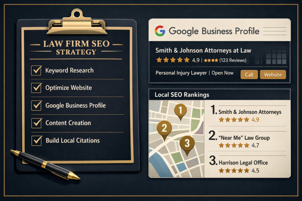 A gold-trimmed Law Firm SEO Strategy checklist with pen beside a Google Business Profile and local ranking map for attorneys.