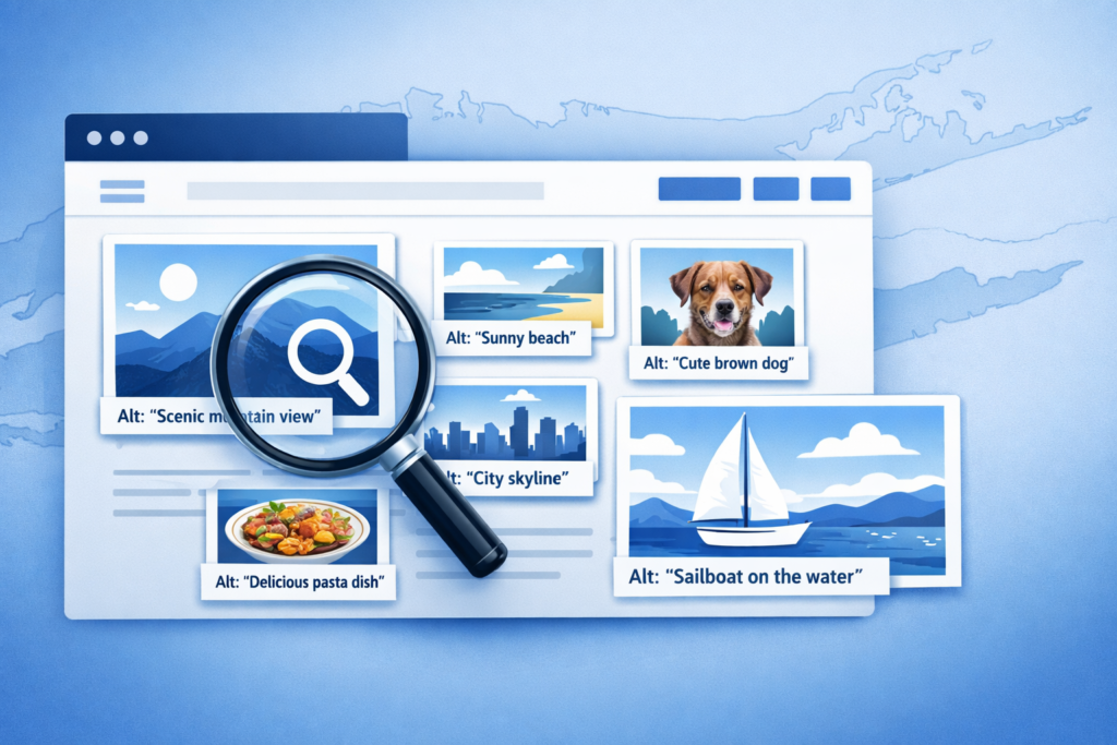 Magnifying glass over a browser window showing image thumbnails with alt text labels for a mountain, beach, dog, skyline, pasta, and sailboat.