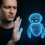 A large human dismissively waving away a small sad holographic blue AI robot with limp arms on a dark background