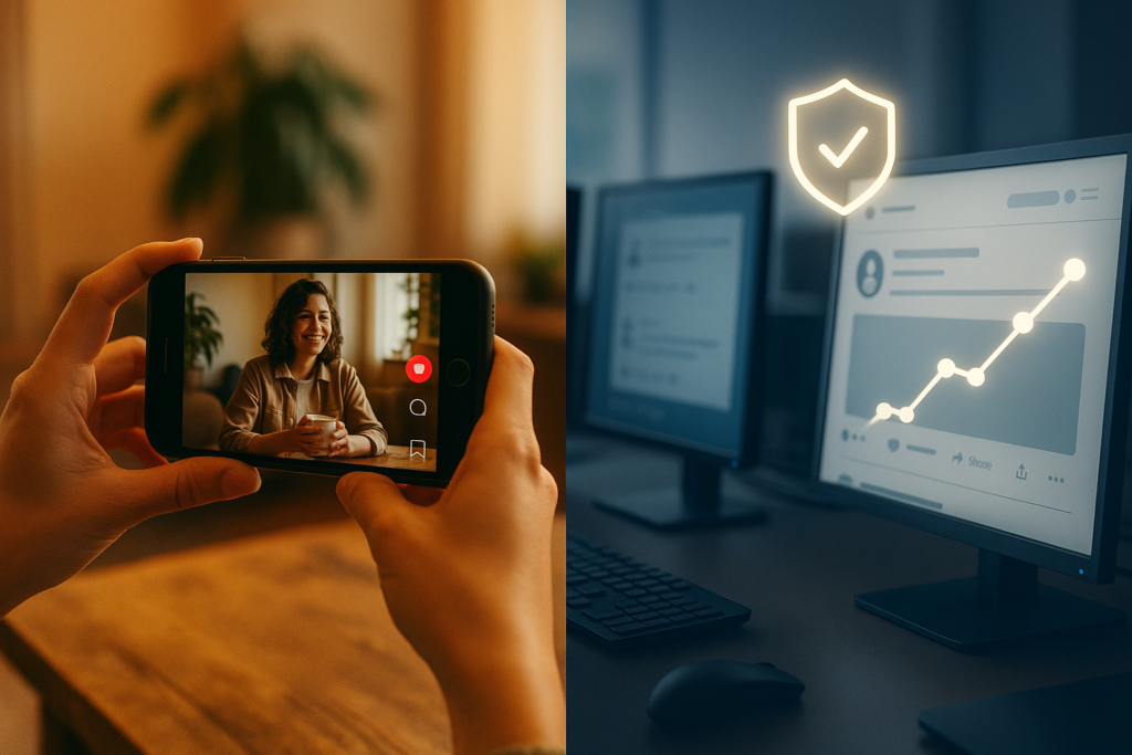 Authentic independent creator content versus faceless corporate social feed, with E-E-A-T trust signals