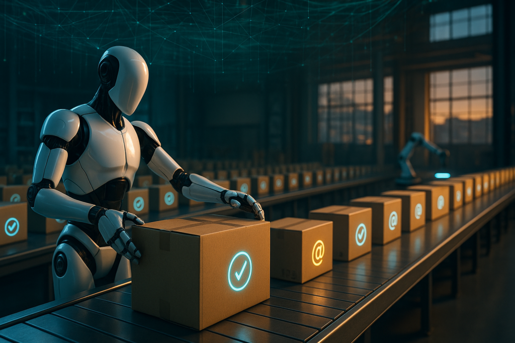 White humanoid robots sorting cardboard boxes marked with glowing checkmark and @ icons on a warehouse conveyor belt at dusk.