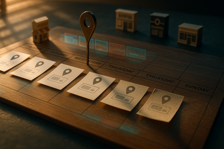 Map pin standing on a wooden weekly calendar grid of location-marker cards beside miniature storefront buildings under warm light.