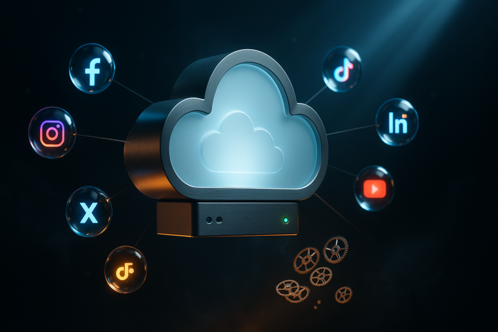Glowing 3D cloud server connected by lines to floating social media icons including Facebook, Instagram, TikTok, LinkedIn, X, and YouTube.