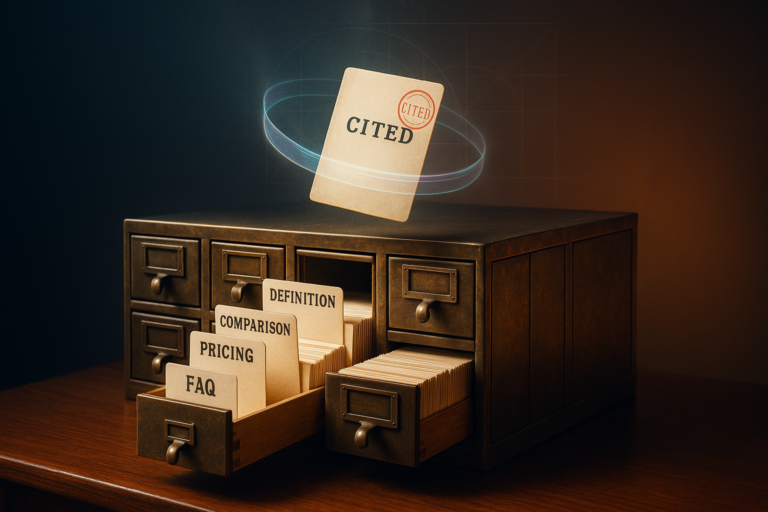 Glowing card stamped "CITED" rising from a wooden card catalog with open drawers labeled FAQ, Pricing, Comparison, Definition.