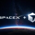 SpaceX wordmark and Cursor logo joined by a plus sign above planet Earth in deep space, illustrating SpaceX acquiring Cursor