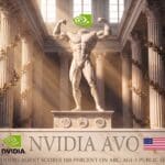 NVIDIA AVO ARC-AGI-3 result shown as a marble hall statue under the NVIDIA eye logo, engraved with the 100 percent public-set score