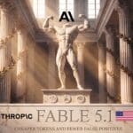 Fable 5.1 and Mythos 5.1 announcement art, classical marble figure under the Anthropic mark with the engraved FABLE 5.1 caption