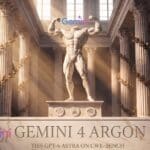 Muscular marble statue posed in a sunlit temple representing the Gemini 4 Argon AI